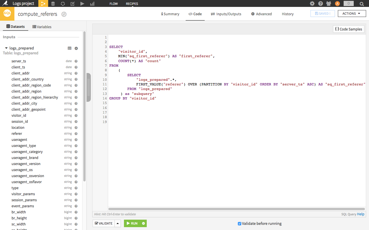 SQL code in Dataiku DSS